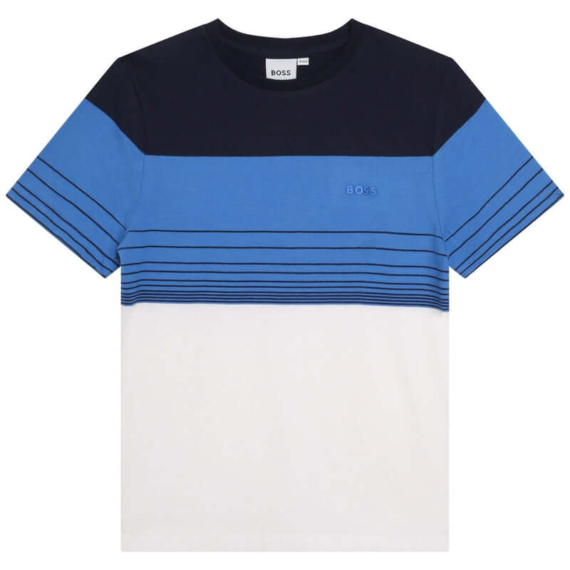 BOSS Boys Blue Stripe Short Sleeve Cotton T-Shirt