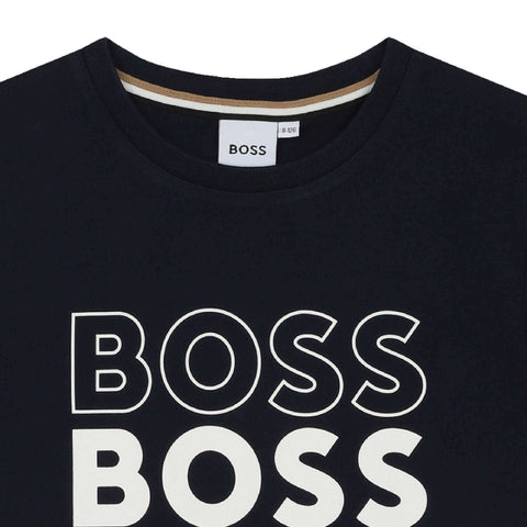 BOSS Boys Navy Faded Logo Cotton T-Shirt