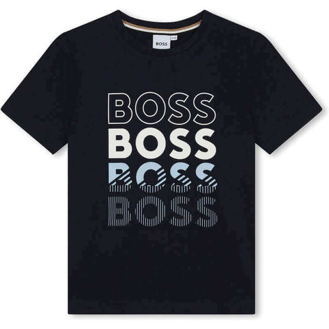 BOSS Boys Navy Faded Logo Cotton T-Shirt