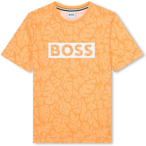 BOSS Boys Orange Leaf Print Short Sleeve T-Shirt