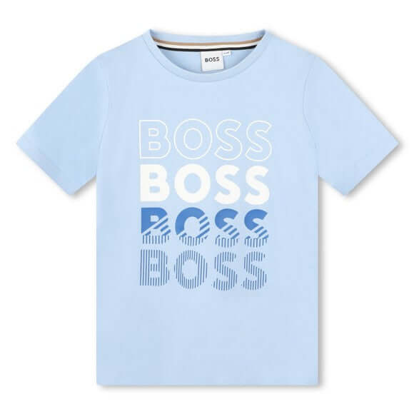 BOSS Boys Pale Blue Faded Logo Cotton T-shirt