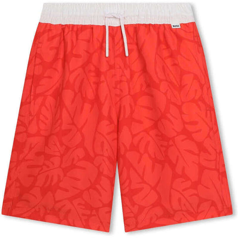 BOSS Boys Red Leaf Print Swimming Shorts