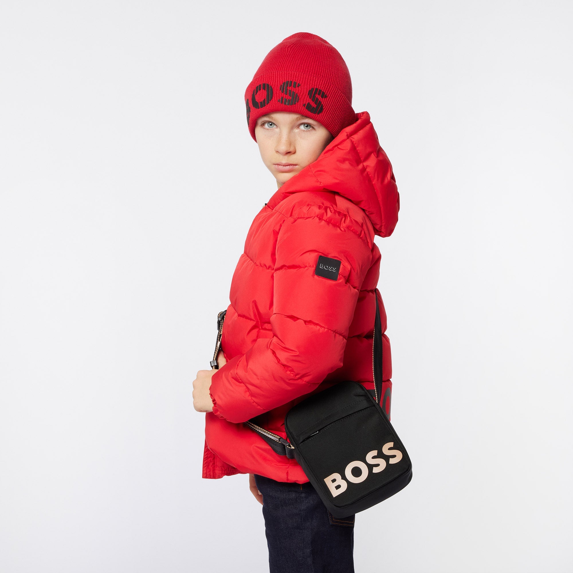 Boys red puffa jacket best sale