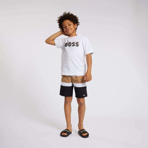 BOSS Boys White Logo Cotton Short Sleeve T-Shirt