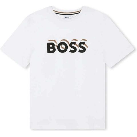 BOSS Boys White Logo Cotton Short Sleeve T-Shirt