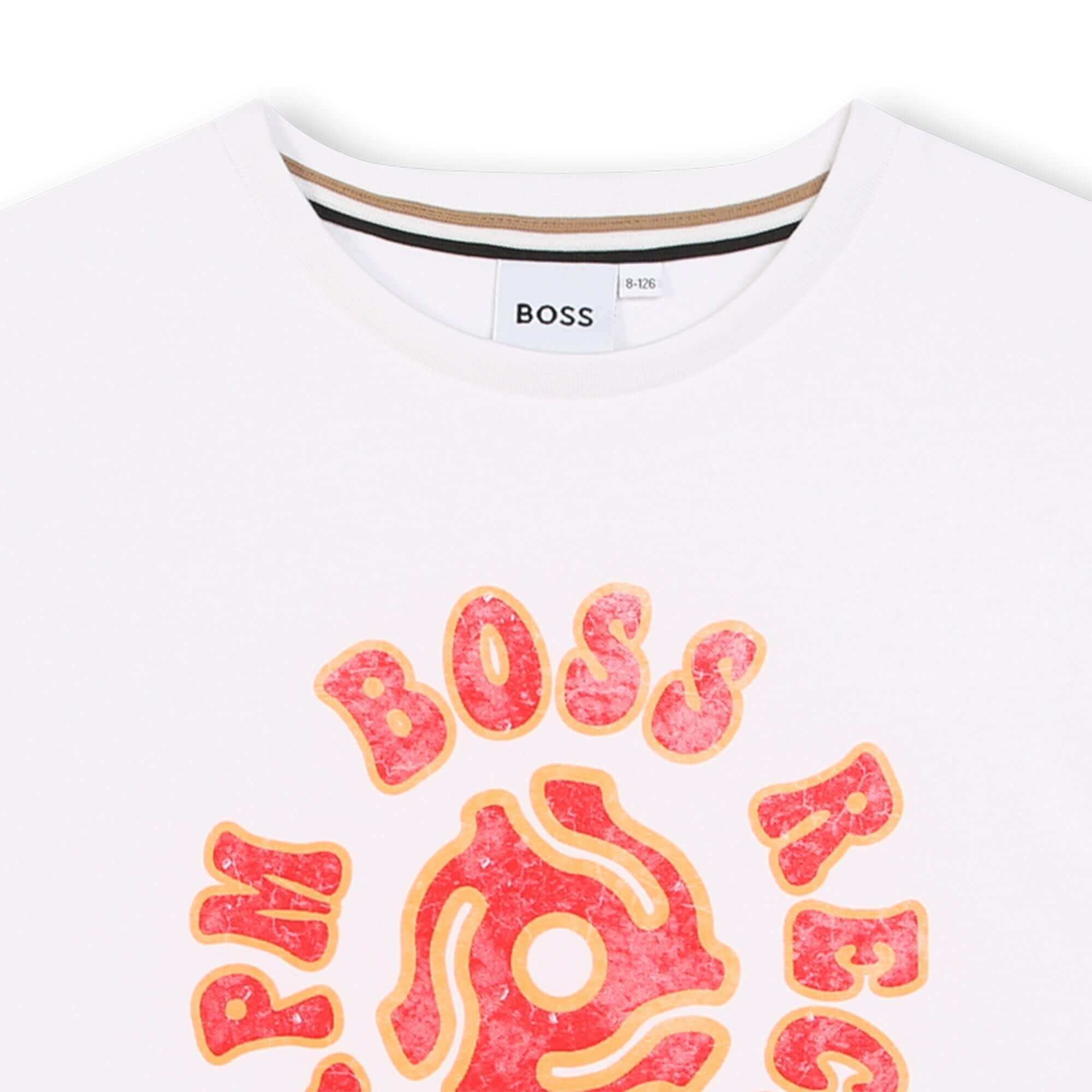 BOSS Boys White Short Sleeve Records Print T-Shirt