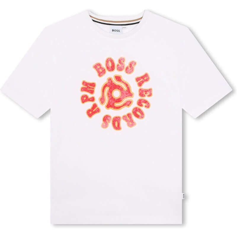 BOSS Boys White Short Sleeve Records Print T-Shirt