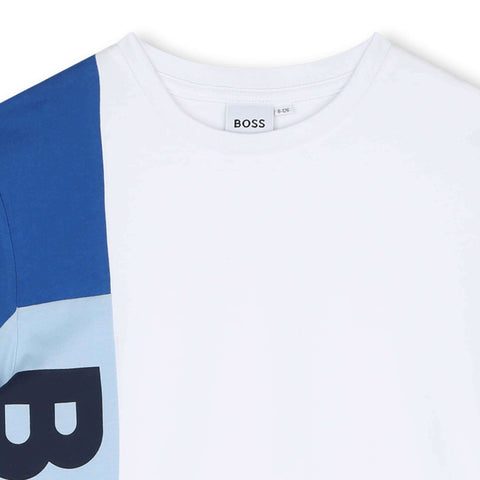 BOSS Boys White & blue Logo Cotton T-Shirt