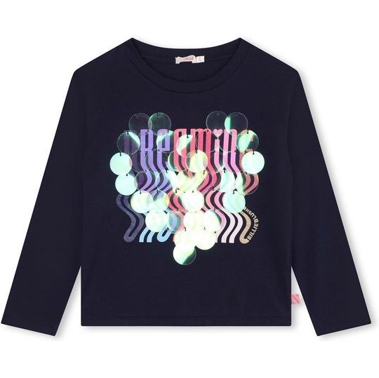 Girls Navy Sequin Heart T-shirt