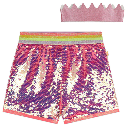 Girls Pink Sequin Shorts & Glitter Crown