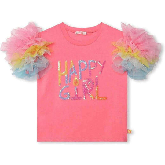 Girls Pink Tulle Sleeve T-Shirt