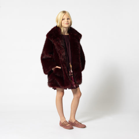Girls Maroon Faux Fur Coat