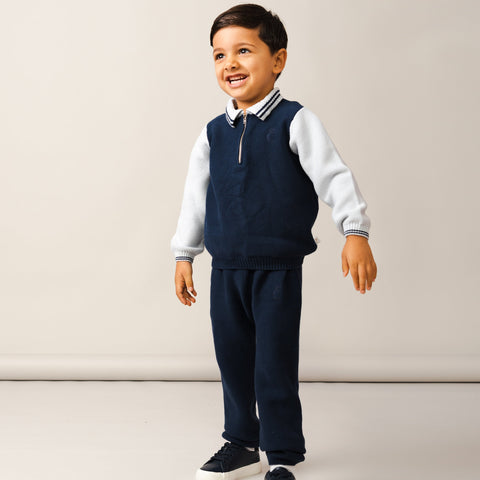 Caramelo Kids Boys Blue Knitted Zip Neck Polo Set