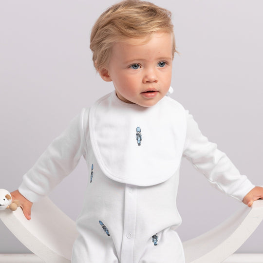 Boys White Soldier Babygrow with Bib