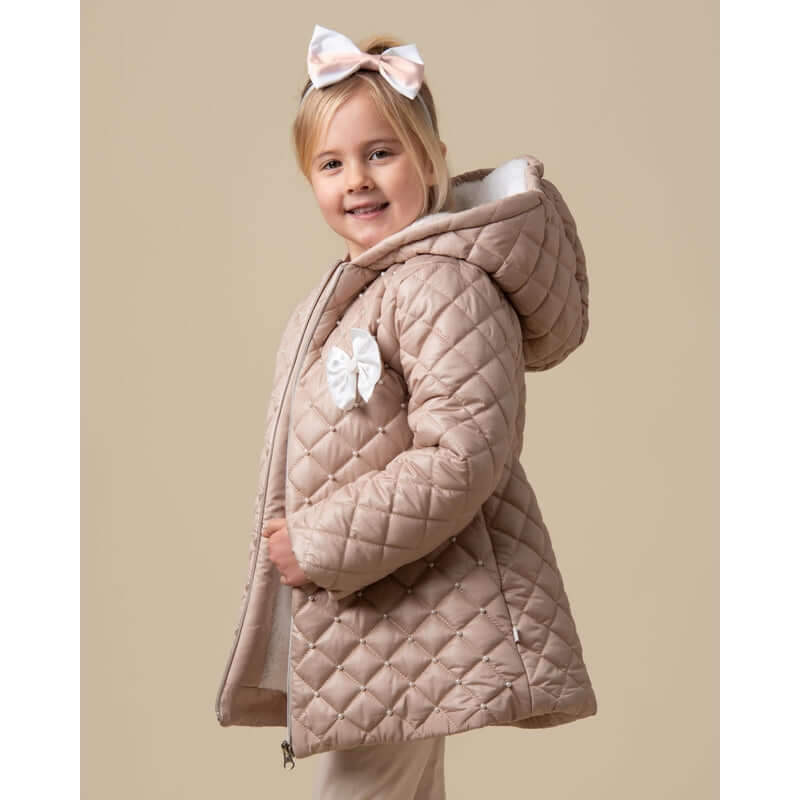 Caramelo Kids Girls Mink Pearl Hooded Puffer Coat With Bow