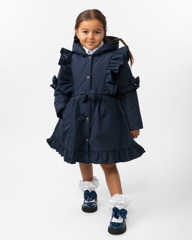 Caramelo Kids Girls Navy Hooded Bow Coat