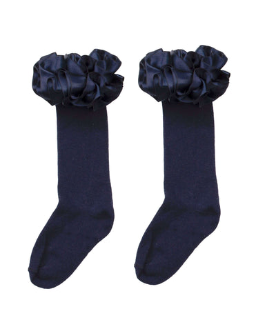 Caramelo Kids Girls Navy Ruffle Ribbon Knee Length Socks