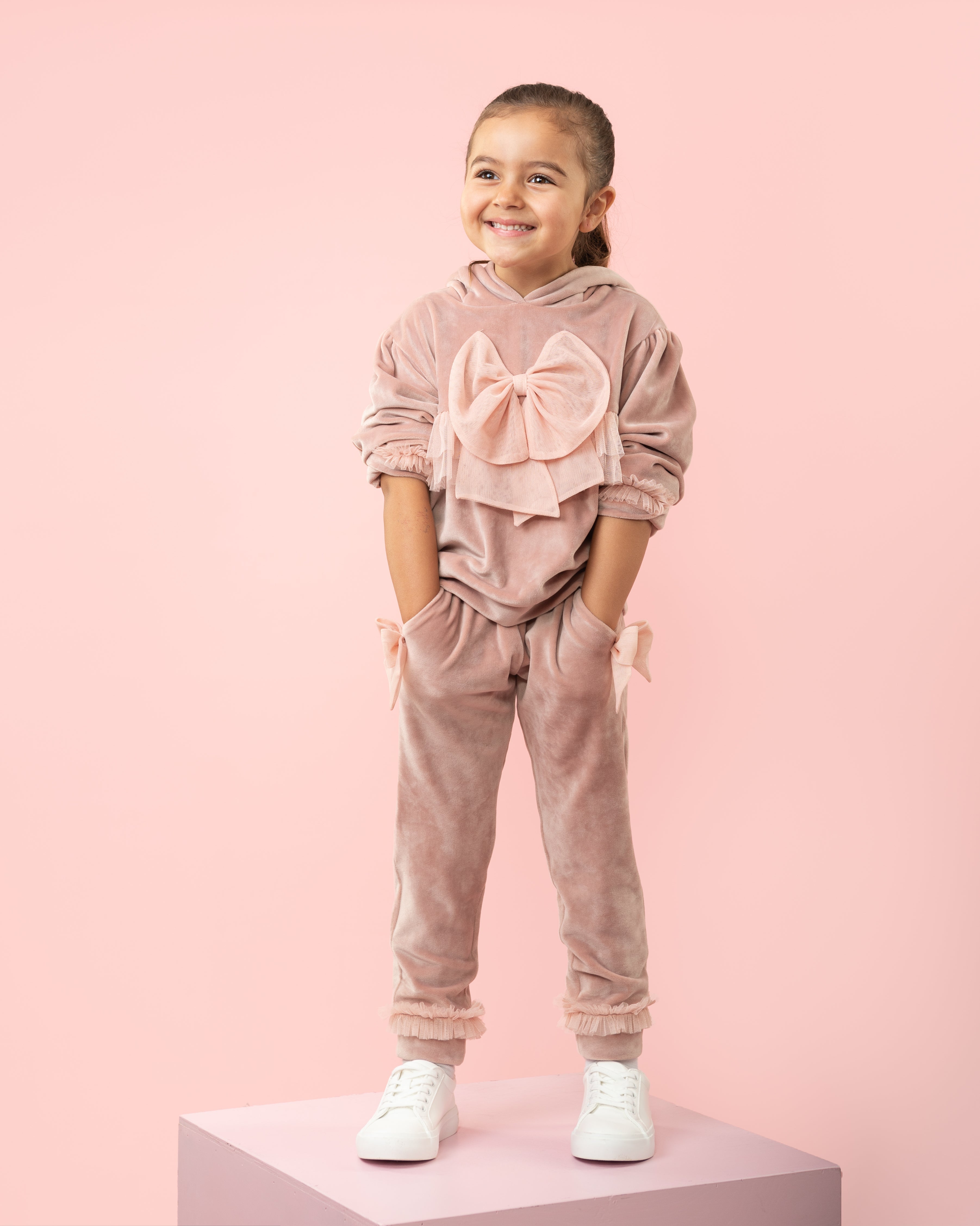 Caramelo Kids Girls Pink Velour Tracksuit with Tulle Bow