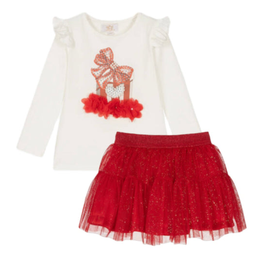 Girls Red Tulle Present Sparkle Skirt Set
