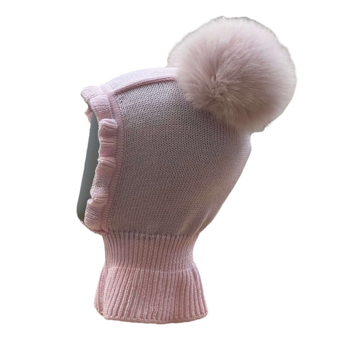 Catya Baby Pink Merino Wool Balaclava Style Fur Pom Pom Hat