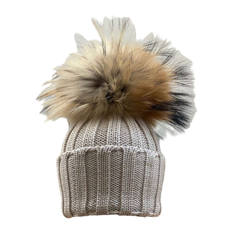Catya Beige Marino Wool Fur Pom Pom Hat