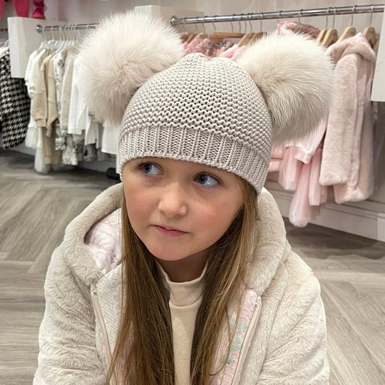 Beige Merino Wool Double Pom Pom Hat
