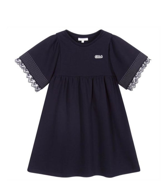 Girls Blue Logo Scalloped Trim Sleeved Dress