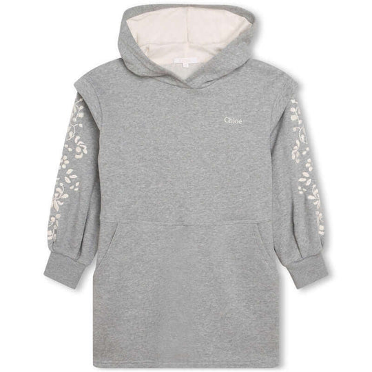 Girls Grey Floral Fleece Hooded Dress