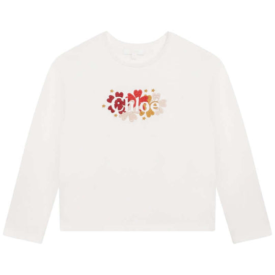 Girls White Flower Print  Long Sleeve T-Shirt