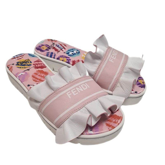 Girls White Leather Frill Slides
