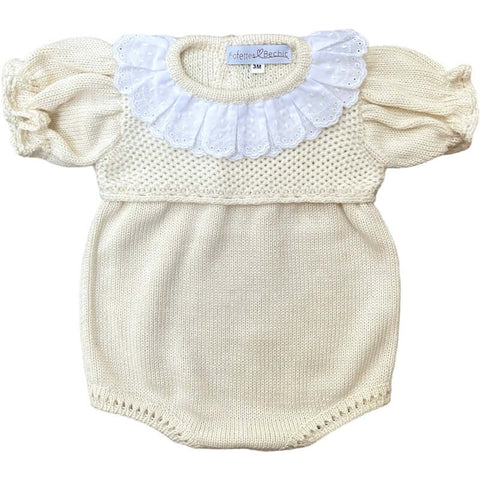 Fofettes Baby Girls Beige Romper with Broderie Anglaise Collar