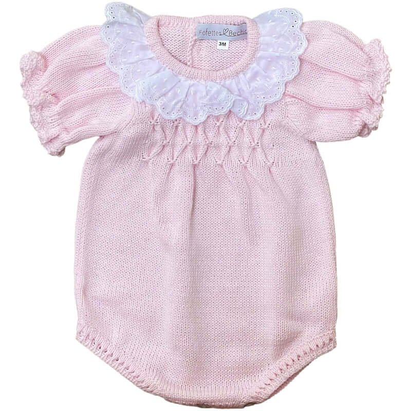 Fofettes Baby Girls Pink Knitted Romper with Broderie Anglaise Collar