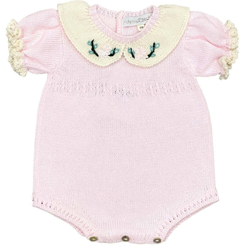 Fofettes Baby Girls Pink Knitted Romper with Embroidered Flowers