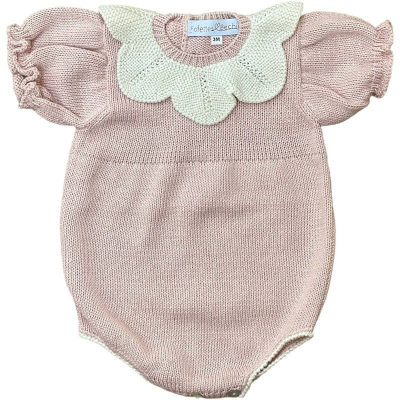 Fofettes Baby Girls Rose Pink Knitted Romper with Scalloped Collar