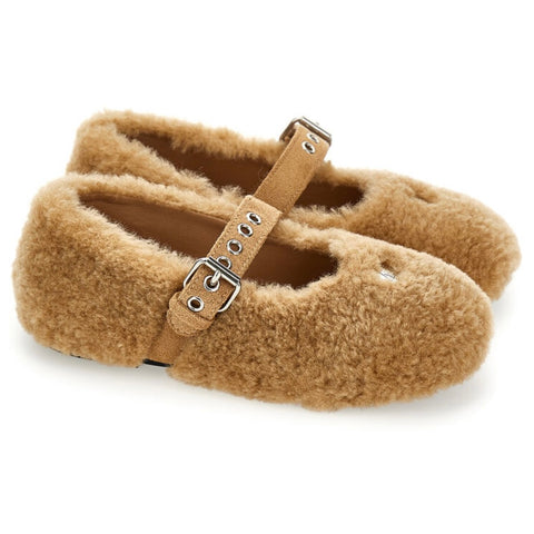 Girls Brown Teddy Buckle Ballerinas