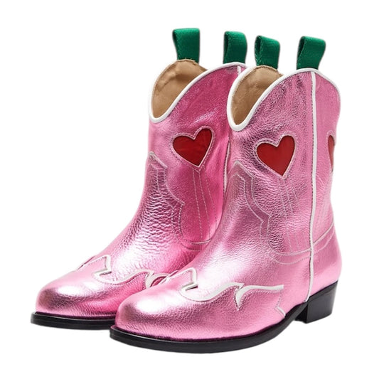 Girls Pink Metallic Heart Boots