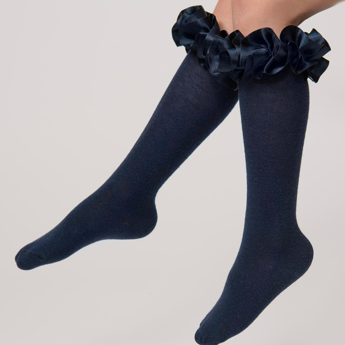 Caramelo Kids Girls Navy Ruffle Ribbon Socks