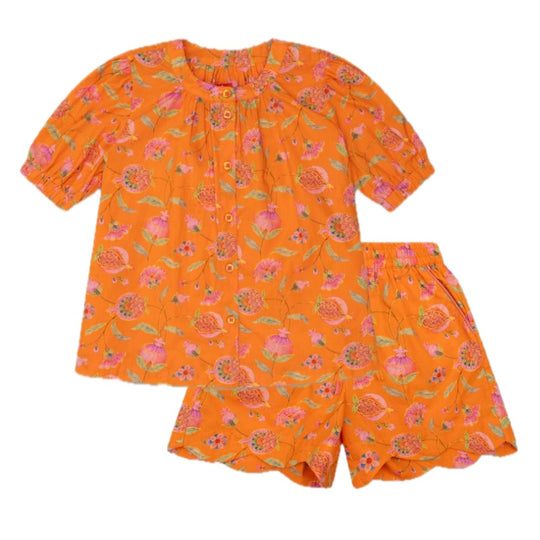 Girls Orange Printed Beso Short Set