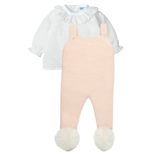 Baby Girls Pink Seamless Knit Dungarees with Pompoms