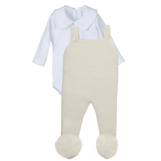 Baby Boys Beige Seamless Knit Dungarees with Pompoms