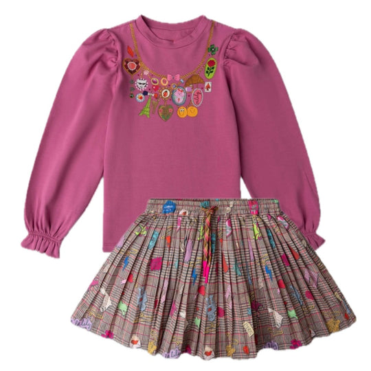 Girls Violet Checked Skirt Set
