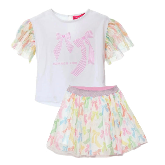 Girls White Bow Tulle Skirt Set