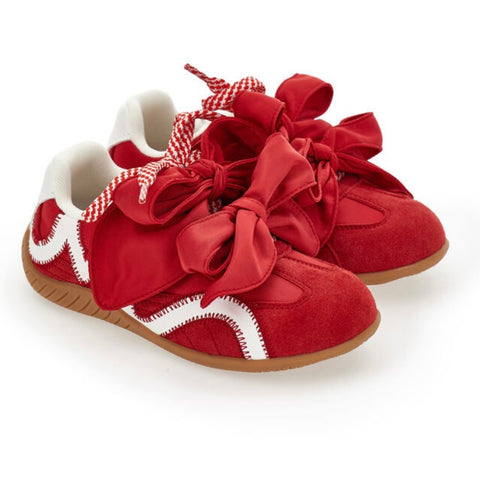 Girls Red Suede Bow Trainers