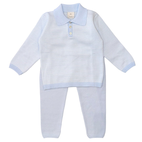 Boys Pale Blue Stripe Knitted Polo Set