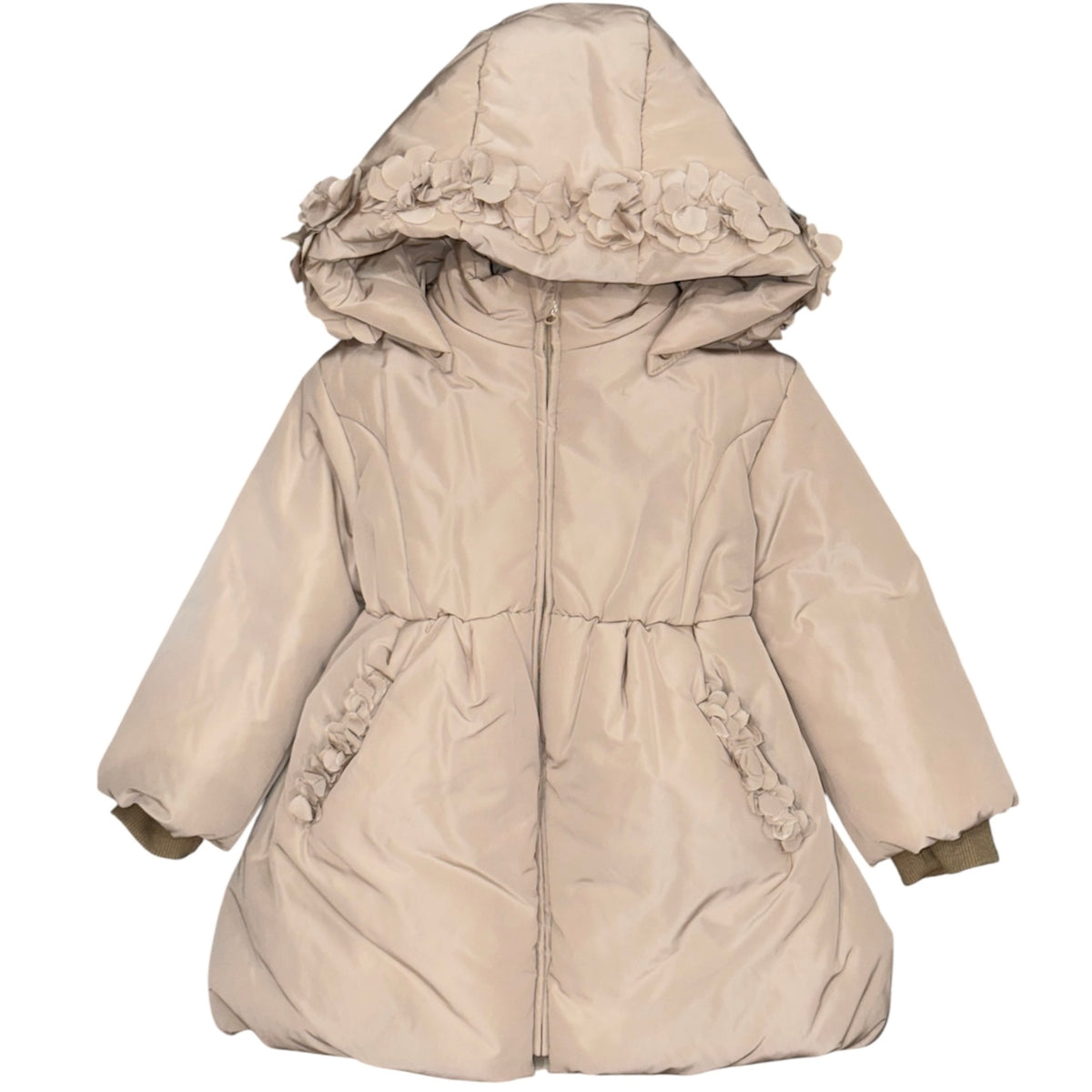 Girls Beige Hooded Coat with Bow