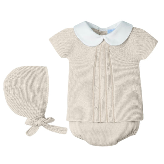 Baby Boys Beige Knitted 3 Piece Short Set