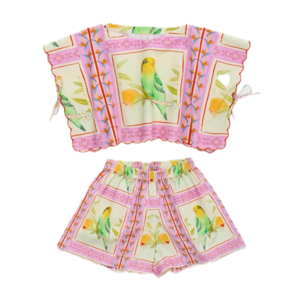 Maison Mangostan Girls Pink Parrot Short Set