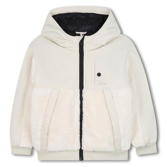 Boys Beige Shearing Hooded Jacket