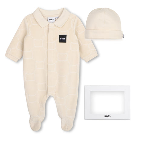 BOSS Baby Boys Velour Beige Babygrow Set