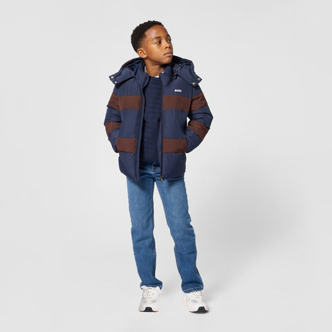 BOSS Boys Navy Hooded Puffer Jacket